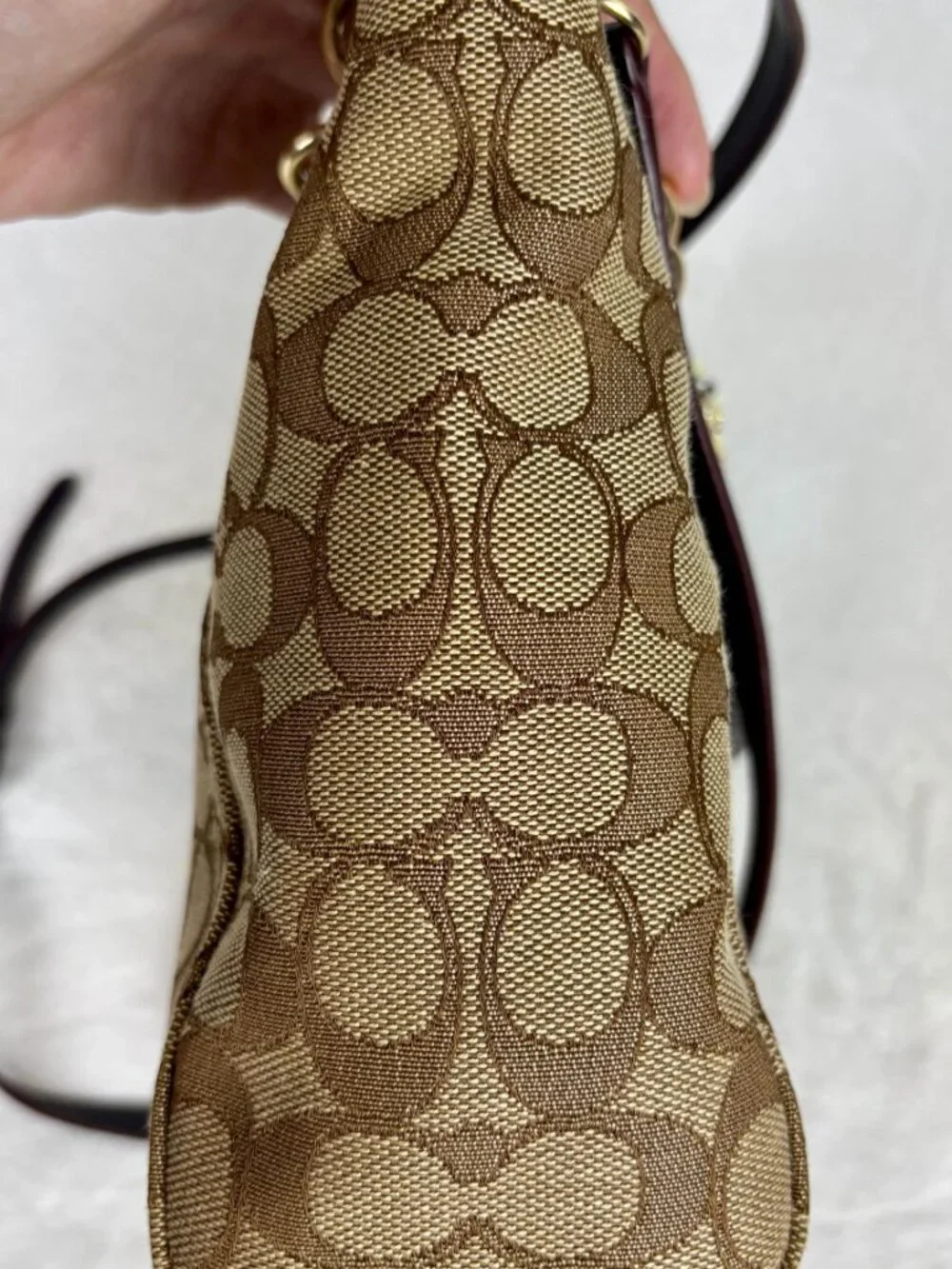 Coach Small Kelsey Satchel in Khaki Signature Jacquard, Leather Trim, Charm